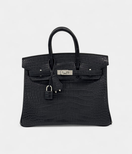Hermès Black Matte Alligator Birkin 25 Brushed Palladium Hardware