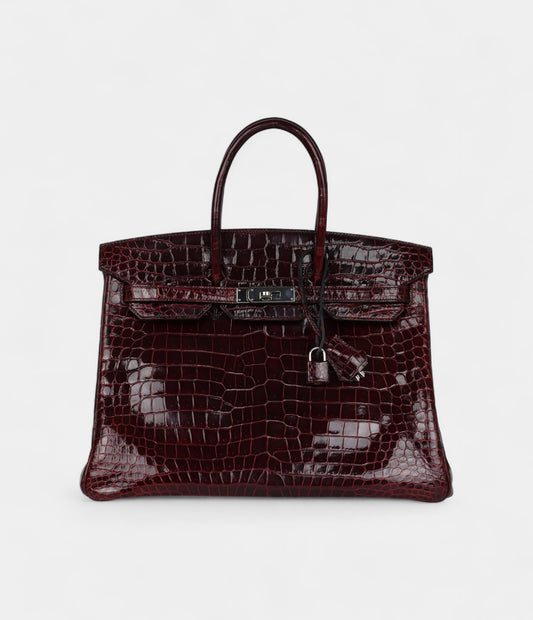 Hermès Birkin 35 Bordeaux Shiny Porosus Crocodile Palladium Hardware