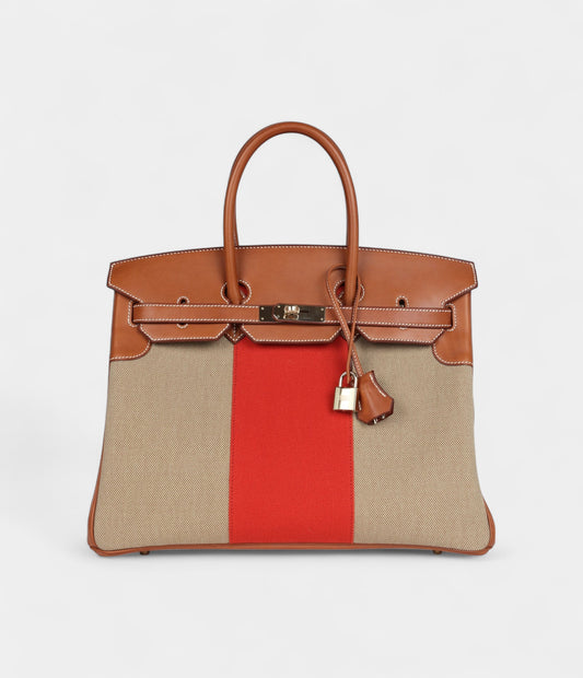 Hermès Birkin 35 Flag Ficelle and Paprika Toile Fauve Barenia Permabrass Hardware