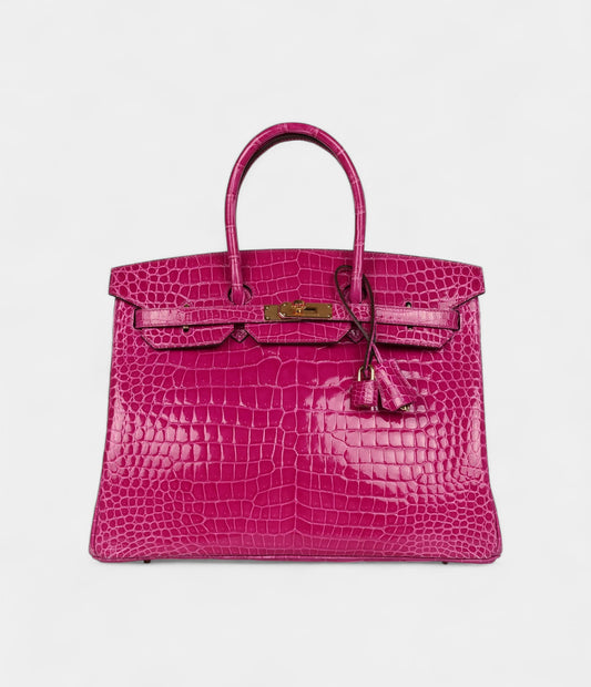 Hermès Birkin 35 Rose Scheherazade Shiny Porosus Crocodile Gold Hardware