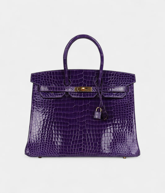 Hermès Birkin 35 Ultraviolet Shiny Porosus Crocodile Gold Hardware