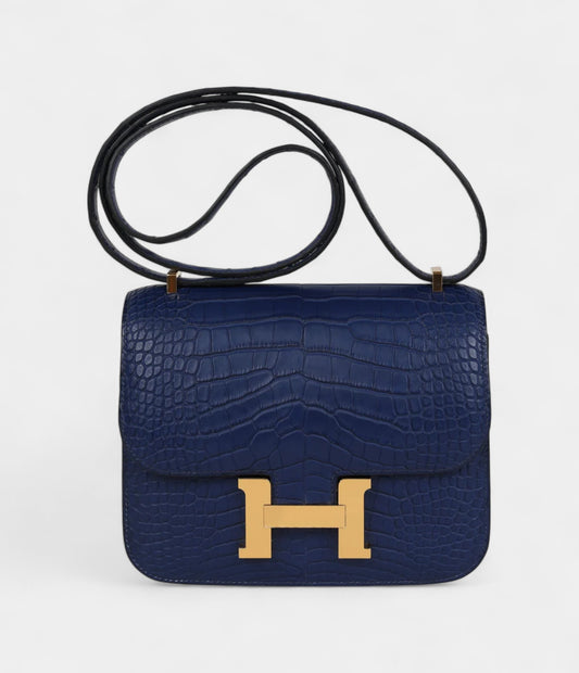 Hermès Constance 18 Bleu Saphir Matte Alligator Gold Hardware