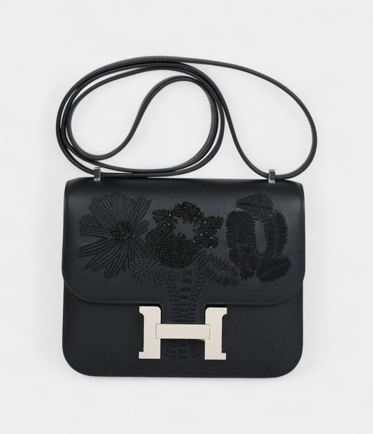 Hermès Constance 18 "Dancing Flowers" Black Embroidered Swift Palladium Hardware