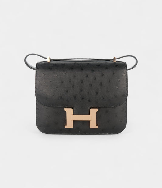 Hermès Constance 18 Noir / Black Ostrich Rose Gold Hardware