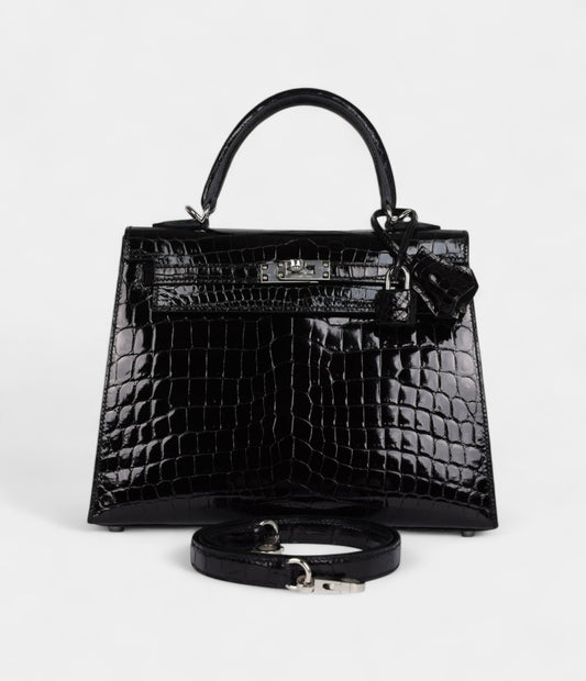 Hermes Kelly 25 Black Shiny Niloticus Crocodile Palladium Hardware