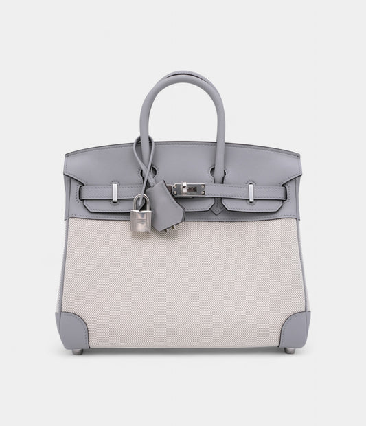 Hermes Limited Edition Glacier Blue Swift and Ecru Canvas Birkin 25 Palladium Hardware