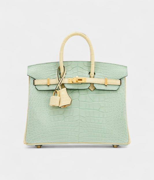 Hermès Vert-D'eau and Vanille Matte Alligator Birkin 25 Brushed Gold Hardware