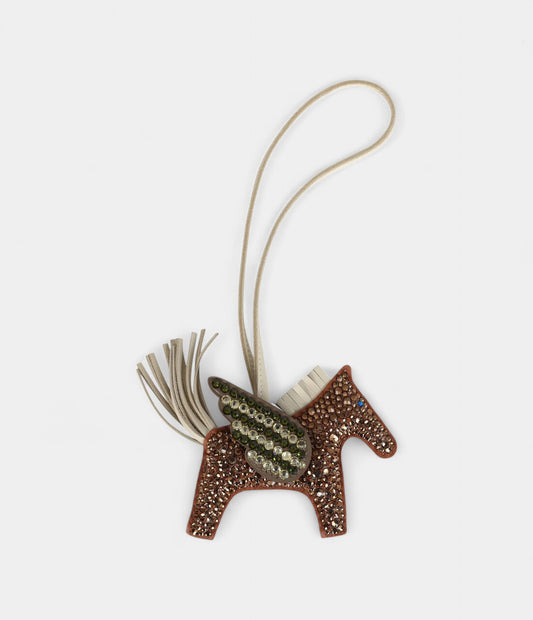 Custom Brown Swarovski Crystal Hermès Bedazzled Pegase Rodeo Bag Charm PM Gold Craie and Etoupe Milo Lambskin