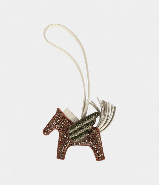 Custom Brown Swarovski Crystal Hermès Bedazzled Pegase Rodeo Bag Charm PM Gold Craie and Etoupe Milo Lambskin