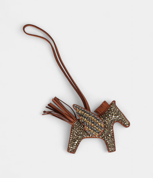 Custom Brown Swarovski Crystal Hermès Bedazzled Pegase Rodeo Bag Charm PM Gold Milo Lambskin