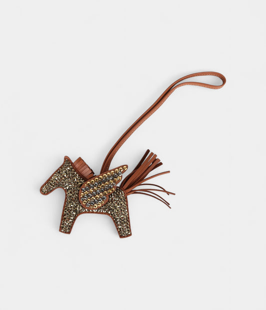 Custom Brown Swarovski Crystal Hermès Bedazzled Pegase Rodeo Bag Charm PM Gold Milo Lambskin