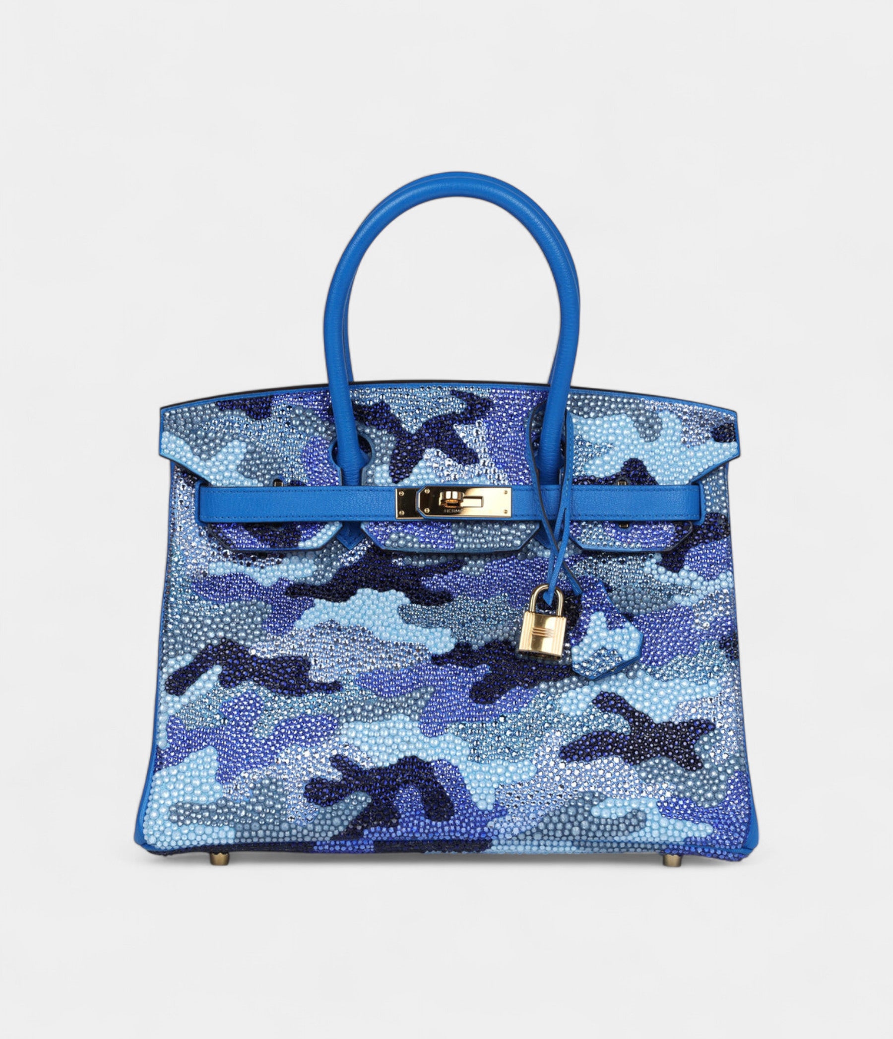 Custom Camouflage Swarovski Crystal Hermès Birkin 30 Bleu Hydra Chevre Gold Hardware