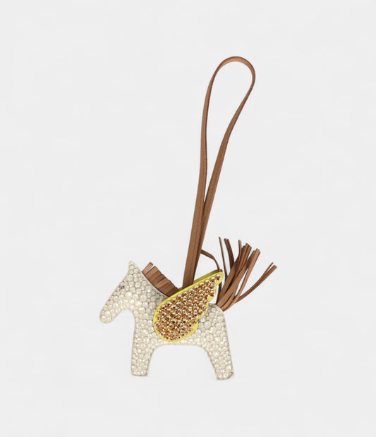 Custom White Swarovski Crystal Hermès Bedazzled Pegase Rodeo Bag Charm PM Craie Lime and Chai Milo Lambskin