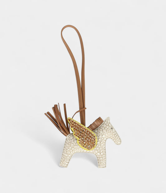 Custom White Swarovski Crystal Hermès Bedazzled Pegase Rodeo Bag Charm PM Craie Lime and Chai Milo Lambskin