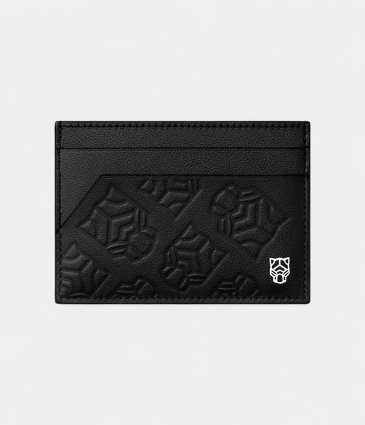 Double Card Holder in Embossed Black Calfskin Iconic Elegance with a Fierce Edge