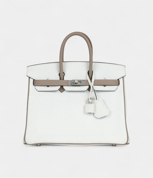 Hermès Birkin 25 – White & Etoupe Clemence with Brushed Palladium Hardware