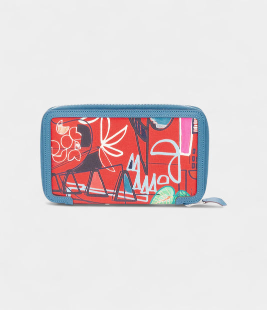 HERMES Azap Red Geometric Print Silk Blue Leather Zip Around Wallet