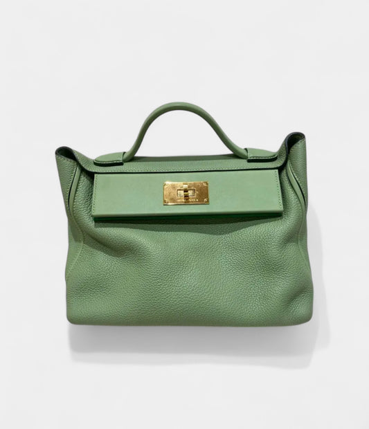 Hermès 24/24 Handmade Green Leather Bag with Palladium Hardware