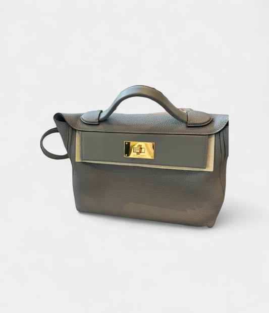 Hermès 24/24 Handmade in Dark Grey and Gold-Tone Leather with Palladium Hardware