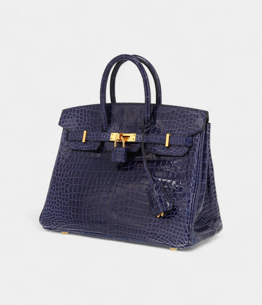 Hermès Birkin 25 Cm Handbag In Bleu Encre Porosus Crocodile