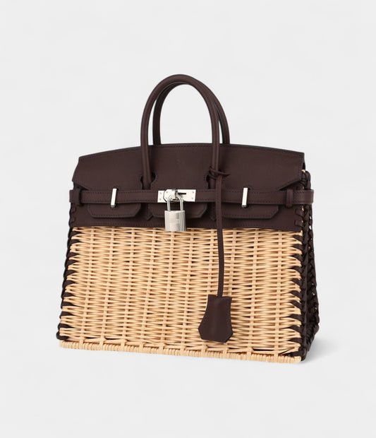 Hermès Birkin 25 Cm Picnic Handbag In Rouge Sellier Swift Leather And Wicker