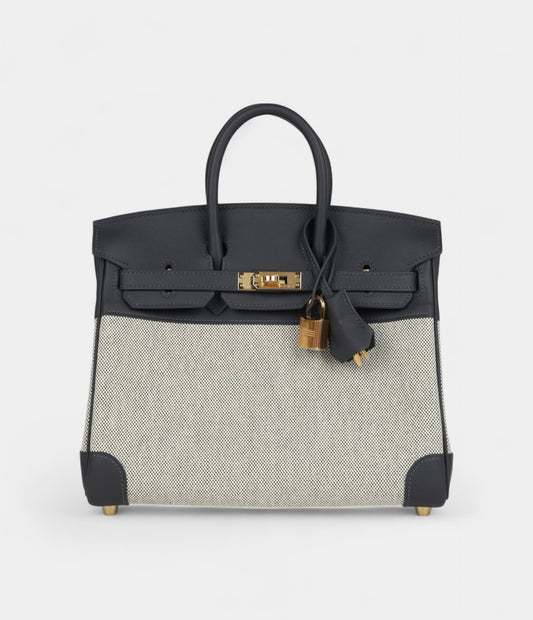 Hermès Birkin 25 Ecru and Ardoise Toile H Canvas and Ardoise Swift Gold Hardware