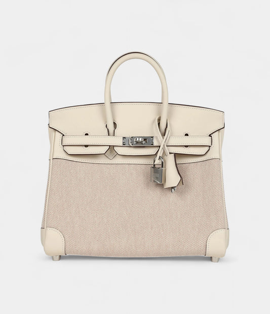 Hermès Birkin 25 Nata Swift and Ecru-Beige Toile H Canvas Palladium Hardware