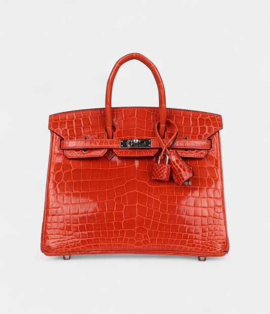 Hermès Birkin 25 Orange Poppy Shiny Niloticus Crocodile Palladium Hardware