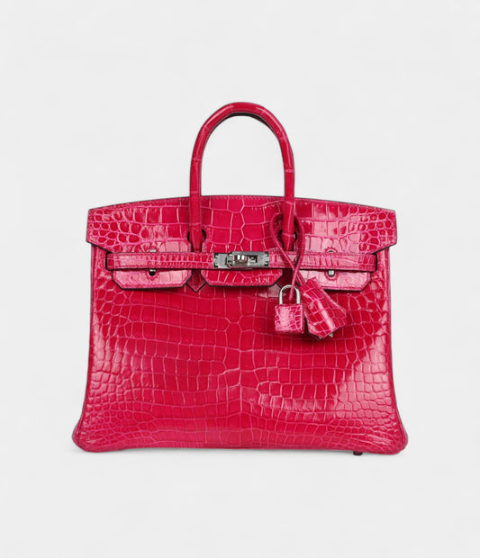 Hermès Birkin 25 Rose Mexico Shiny Porosus Crocodile Palladium Hardware