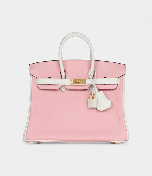 Hermès Birkin 25 Rose Sakura and White Clemence Brushed Gold Hardware