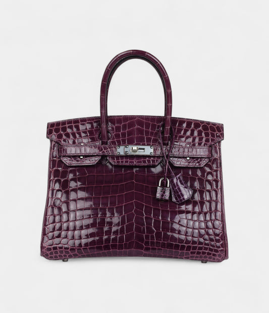 Hermès Birkin 30 Amethyst Shiny Niloticus Crocodile Palladium Hardware