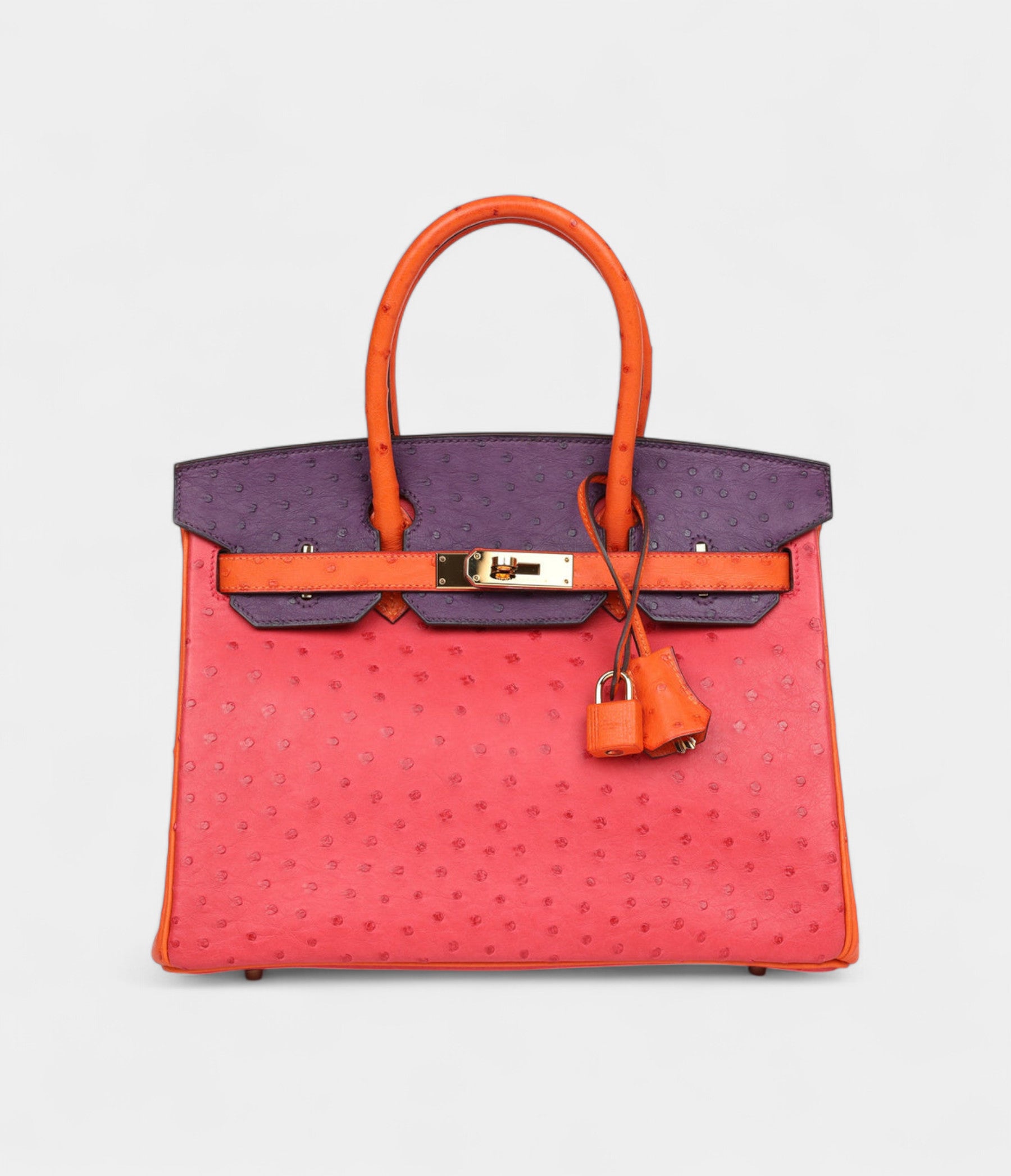 Hermès Birkin 30 Tangerine, Violet and Bougainvillea Ostrich Gold Hardware
