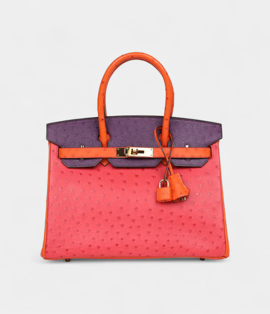 Hermès Birkin 30 Tangerine, Violet and Bougainvillea Ostrich Gold Hardware