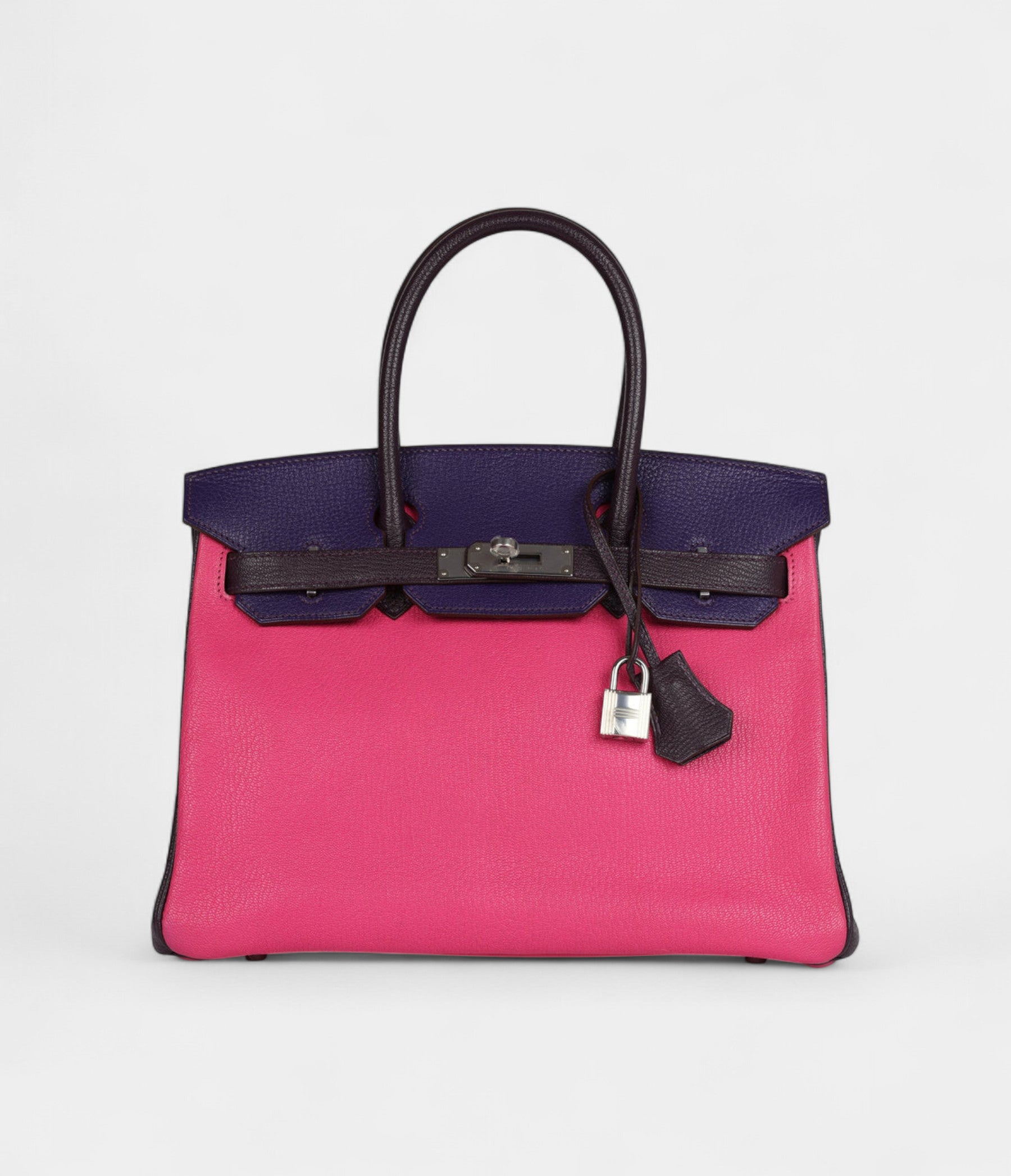 Hermès Birkin 30 Tri-Color Raisin, Ultraviolet and Rose Shocking Chevre Palladium Hardware