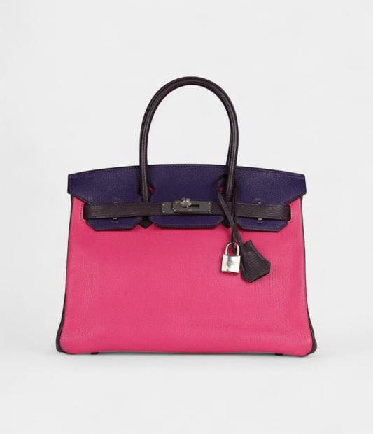 Hermès Birkin 30 Tri-Color Raisin, Ultraviolet and Rose Shocking Chevre Palladium Hardware