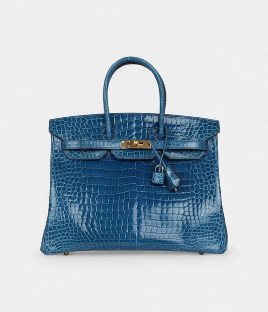 Hermès Birkin 35 Bleu Mykonos Shiny Porosus Crocodile Gold Hardware