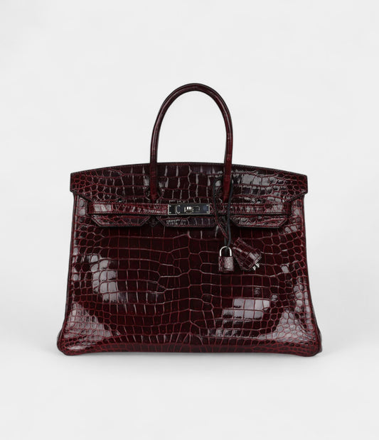 Hermès Birkin 35 Bordeaux Shiny Porosus Crocodile Palladium Hardware