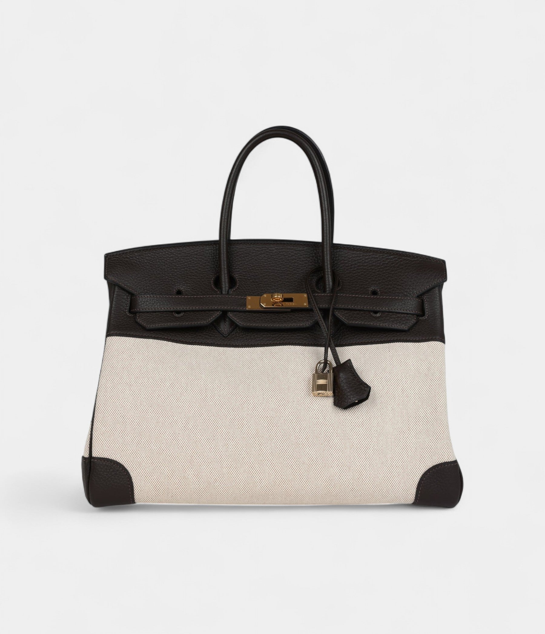 Hermès Birkin 35 Ebene Clemence and Ecru-Beige Toile H Canvas Gold Hardware