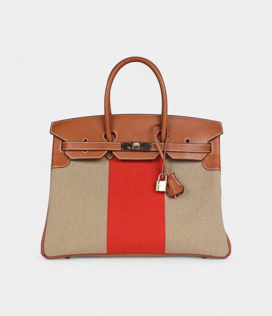 Hermès Birkin 35 Flag Ficelle and Paprika Toile H and Fauve Barenia Permabrass Hardware