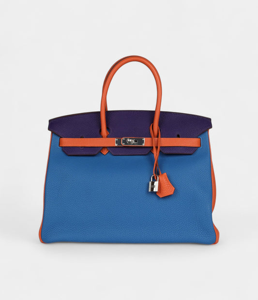 Hermès Birkin 35 Tricolor Bleu Hydra, Ultraviolet and Orange Togo Palladium Hardware