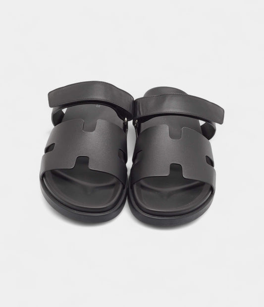 Hermes Black Leather Chypre Sandals 45.5 EU