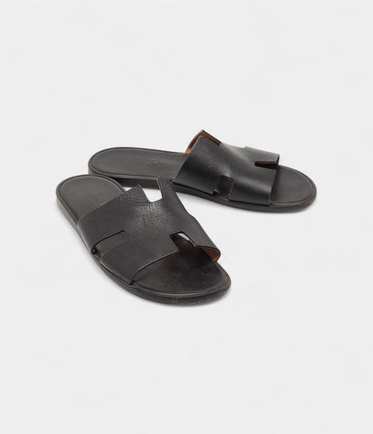 Hermes Black Leather Izmir Flat Slides 44 EU