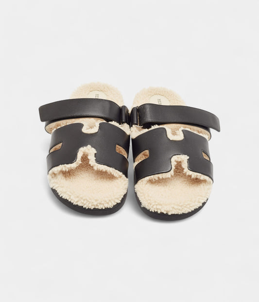 Hermes Black Leather and Shearling Fur Lined Chypre Sandals 45.5 EU