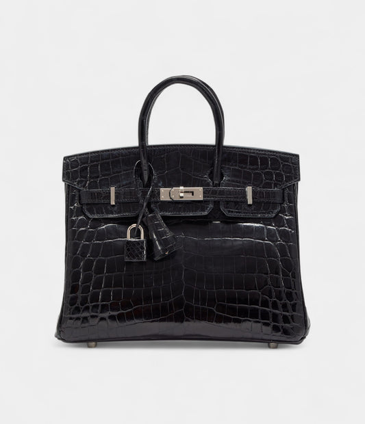 Hermès Black Shiny Niloticus Crocodile Birkin 25 Palladium Hardware