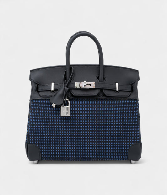 Hermès Black Swift and Bleu Egee Bivouac Toile Birkin 25 Palladium Hardware