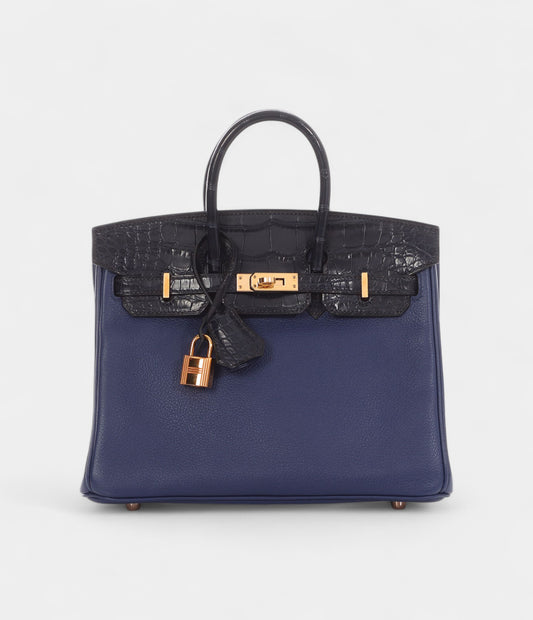 Hermès Bleu Saphir Novillo and Bleu Marine Matte Alligator Birkin Touch 25 Rose Gold Hardware