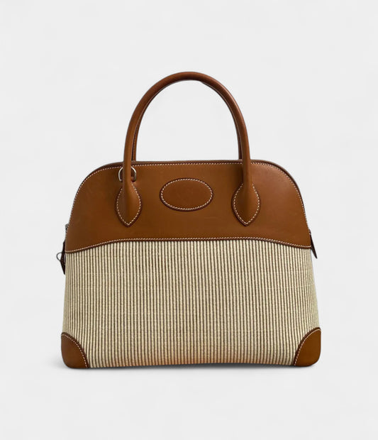 Hermès Bolide 31 Bag in Striped Canvas and Brown Leather – Handmade Classic Tote