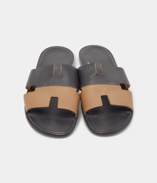 Hermes Brown/Black Leather Izmir Flat Slides 43 EU