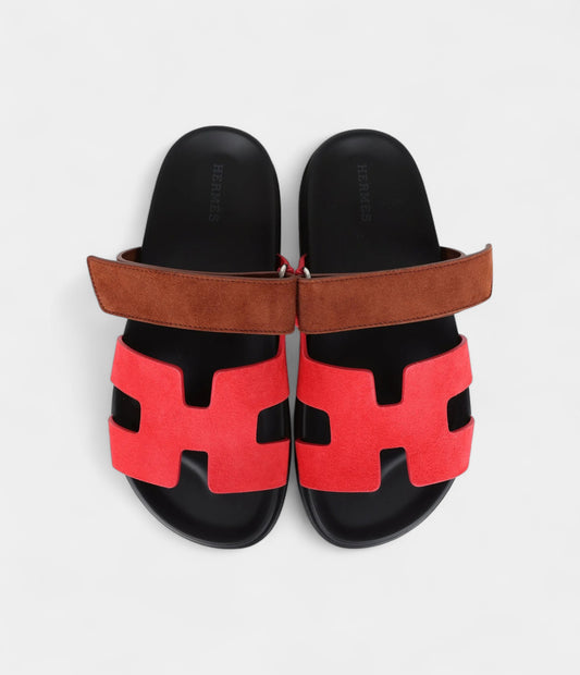 Hermès Chypre Techno Sandal Rouge Cinetique/Gold Suede Palladium Hardware 36.5 EU