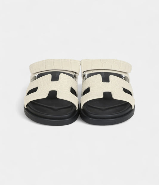 Hermès Chypre Techno Sandals Beige Glaise Matte Alligator Palladium Hardware 37 EU